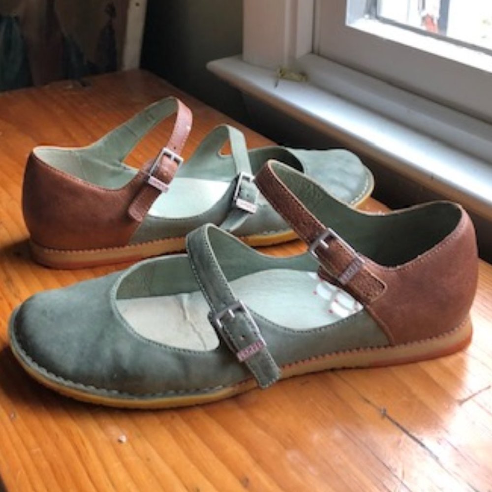 Camper double-strap Mary Janes in blue and brown